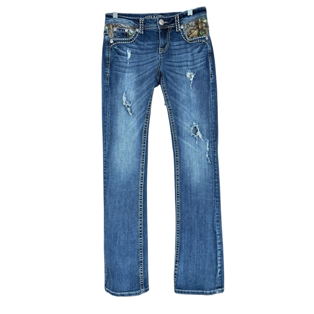 Grace in LA Blue Distressed Boot Cut Jeans with Camo Pocket Trim